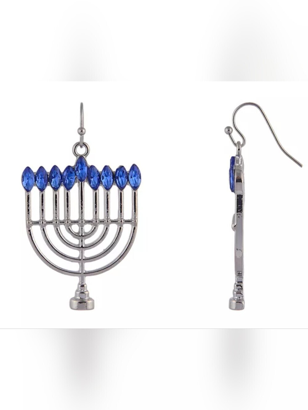 Silver Menorah Drop Earrings with Blue Crystal Accents